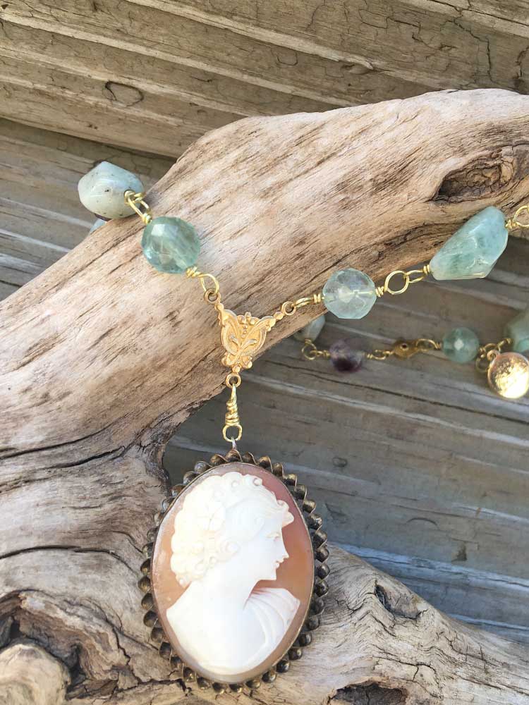 Faceted Fluorite & Chunky Blue Aquarmarine Gold Fill Carved Shell Tonal Cameo Necklace