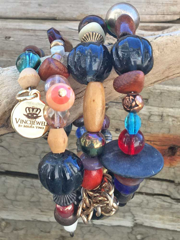 Natures Bohemian Wood Glass Chunky Faceted Drop Chain Coil Bracelet