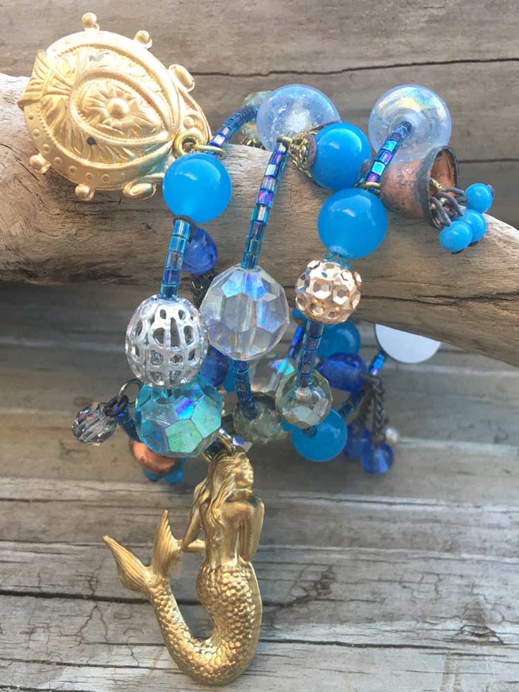 Mermaid Visions Blue Stone Mixed Brass Charms & Glass Crystal Coil Bracelet