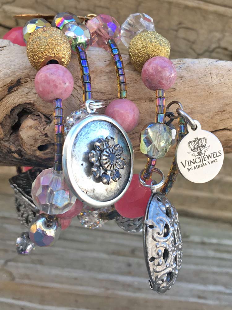 Pink In Yourself Gemstone Crsytal Mixed Brass & Metal Filigree Textured Charm Coil Bracelet