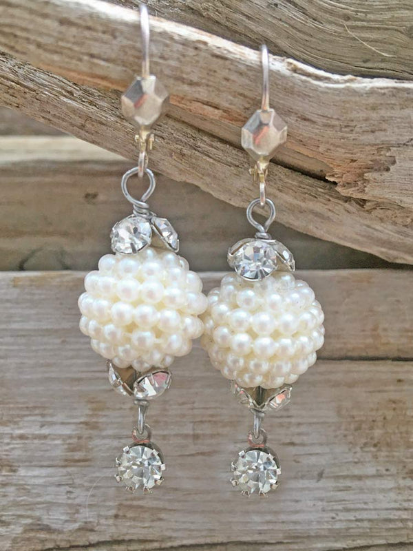 Clear Crystal Capped Lucite Pearl Cluster Dangle Earrings