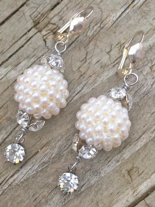 Clear Crystal Capped Lucite Pearl Cluster Dangle Earrings