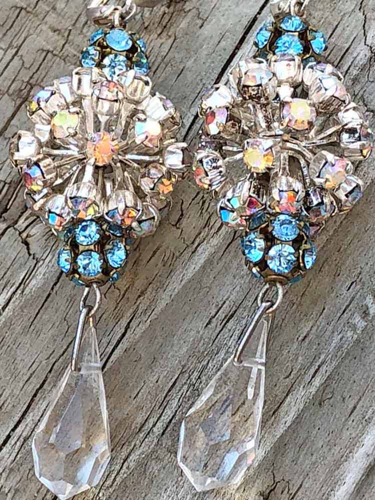 Glamour Clear AB Crystal Spunk Spike Cluster Blue Burst Briolette Drop Earrings