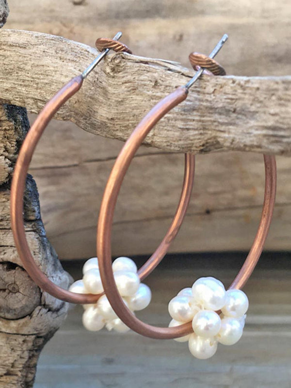 Boho Chic Copper Large Hoop Freshwater Pearl Cluster Earrings