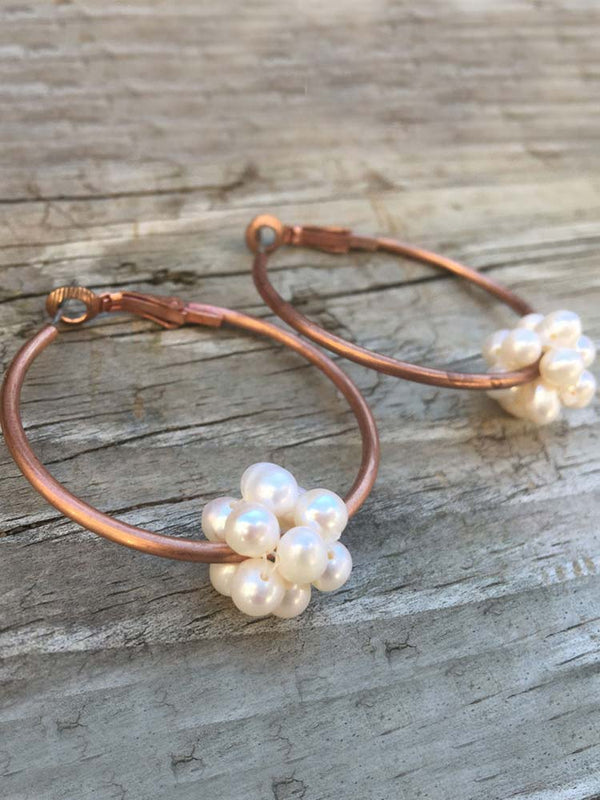 Boho Chic Copper Large Hoop Freshwater Pearl Cluster Earrings