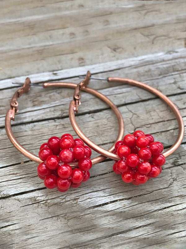 Boho Chic Copper Large Hoop Italian Red Coral Cluster Earrings