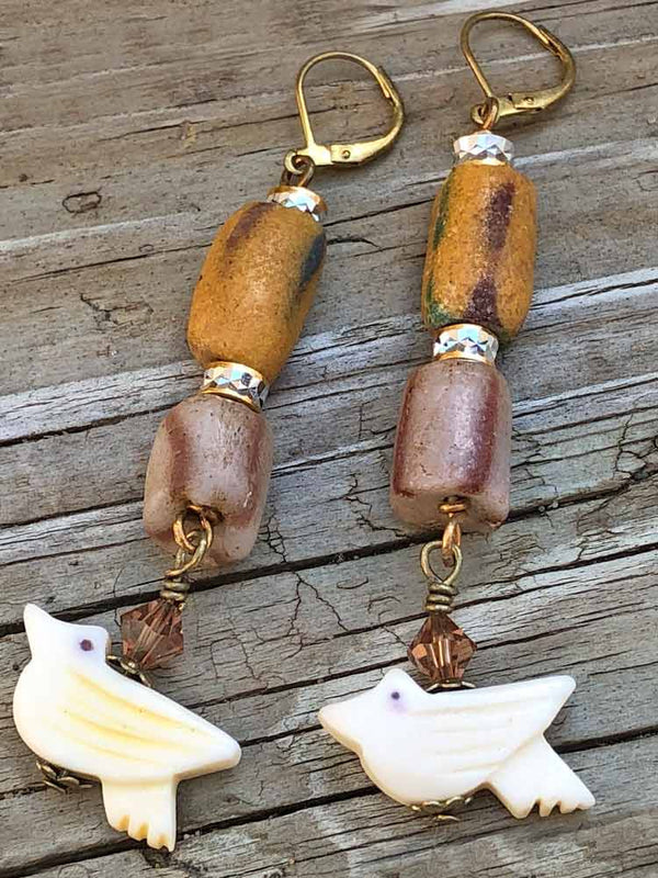African Trade Bead Carved Bird Bone Fetish Sparkle Accent Dangle Earrings