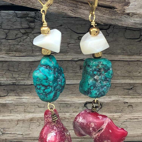 Chunky Red Coral Freeofrm Blue Turquoise & Mother Of Pearl Earrings