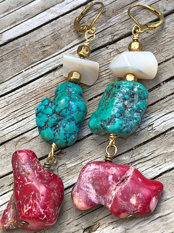 Chunky Red Coral Freeofrm Blue Turquoise & Mother Of Pearl Earrings