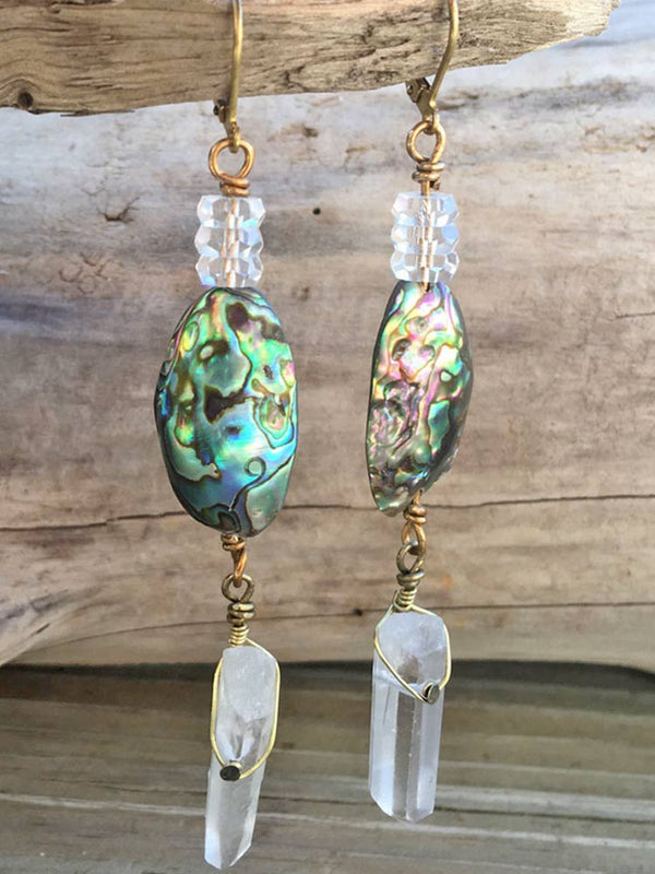 Sea Goddess Abalone Shell Faceted Stacked Crystal Point Dangle Earrings