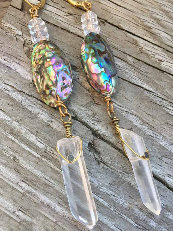 Sea Goddess Abalone Shell Faceted Stacked Crystal Point Dangle Earrings