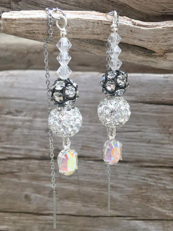 Sparkle Silver Pave Crystal & Gunmetal Bead Ball AB Drop Threader Earrings