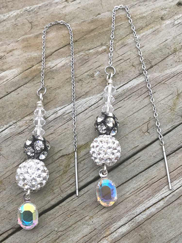Sparkle Silver Pave Crystal & Gunmetal Bead Ball AB Drop Threader Earrings