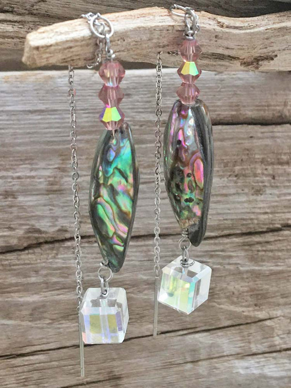 Rainbow Mermaid Abalone Shell Lilac Crystal AB Cube Dangle Threader Earrings