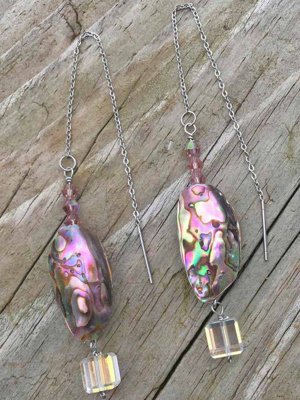 Rainbow Mermaid Abalone Shell Lilac Crystal AB Cube Dangle Threader Earrings