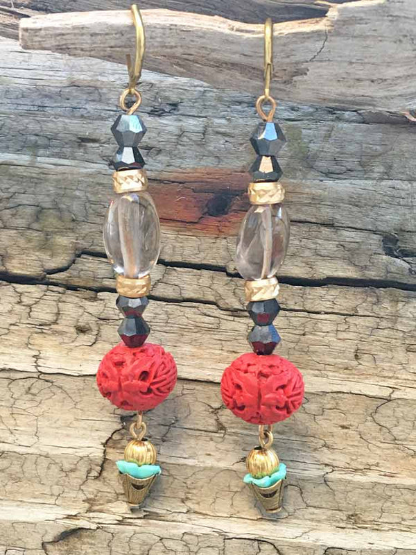 Oriental Vibes Smoky Quartz Carved Cinnabar Elongated Bead Drop Earrings