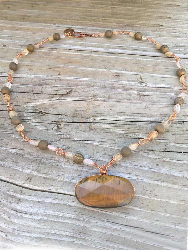 Copper Golden Rutlated Quartz Deep Gold Druzy Faceted Tigers Eye Pendant Link Station Necklace