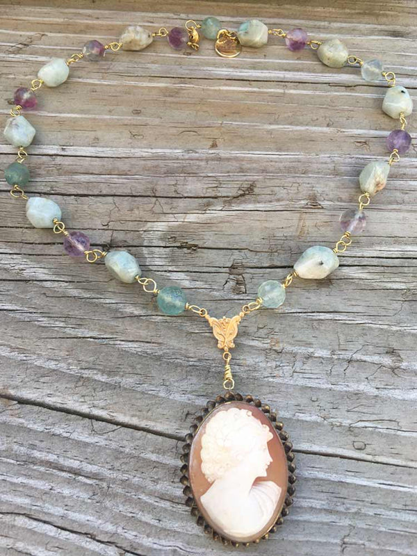 Faceted Fluorite & Chunky Blue Aquarmarine Gold Fill Carved Shell Tonal Cameo Necklace