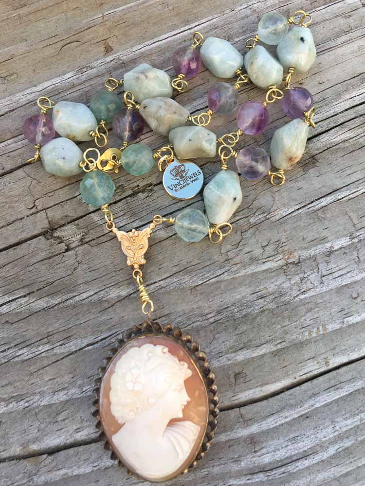 Faceted Fluorite & Chunky Blue Aquarmarine Gold Fill Carved Shell Tonal Cameo Necklace
