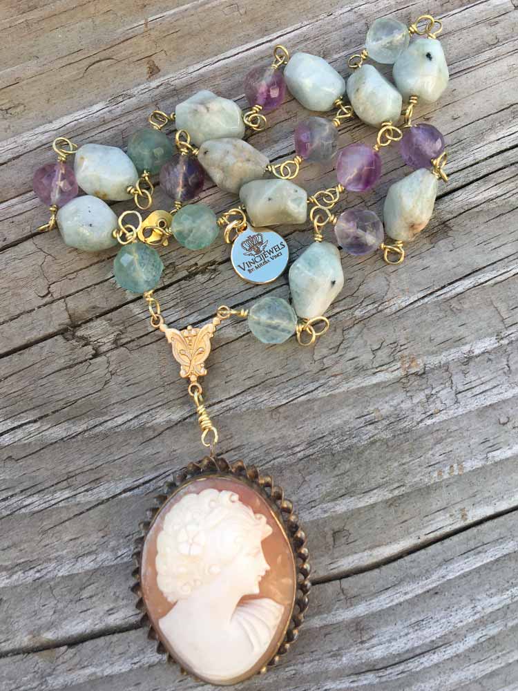 Faceted Fluorite & Chunky Blue Aquarmarine Gold Fill Carved Shell Tonal Cameo Necklace